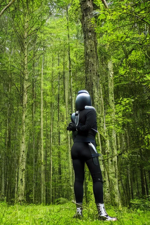 Image similar to Cyberpunk fencer leaning towards the right with a lush forest as backdrop