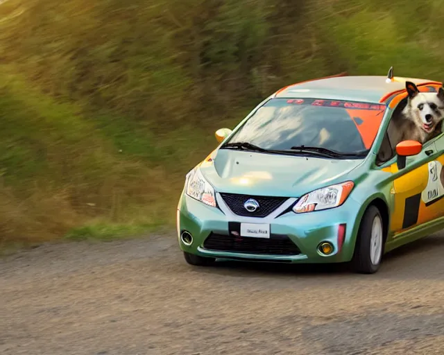 Image similar to border collie dog in the driver's seat of an orange nissan note, paws on wheel, car moving fast, rally driving photo, award winning photo, golden hour, front of car angle, extreme horizontal blur, 3 0 0 mm lens