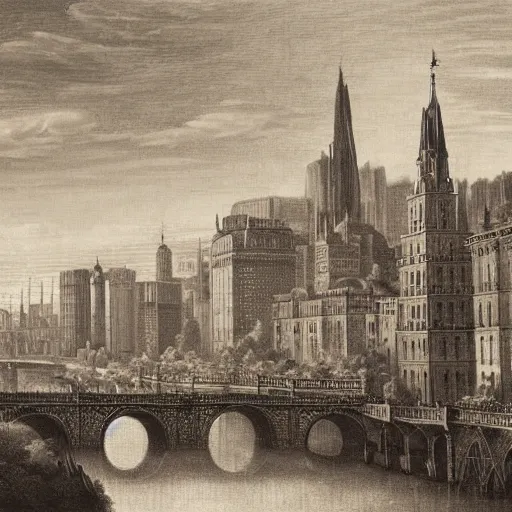 Prompt: a beautiful print of a cityscape with tall spires and delicate bridges. by george tice, by giovanni battista gaulli desaturated, ornate