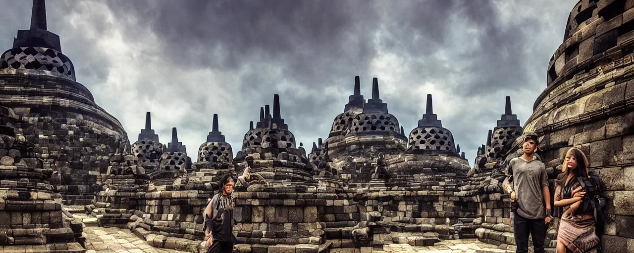 Prompt: most epic dramatic borobudur temple picture. epic cinematic hyperrealism masterpiece. realistic poster with shaded lighting by craig mallismo, artgerm, jeremy lipkin and michael garmash, unreal engine, radiant light, detailed and complex environment, digital art, art station trends