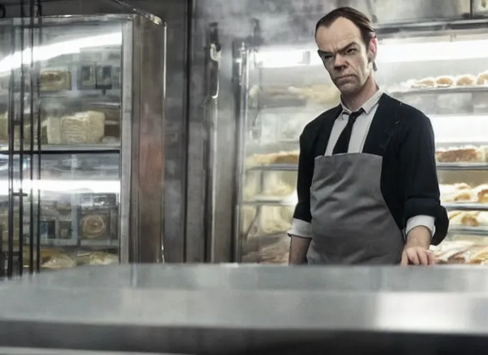 Image similar to film still of young hugo weaving as agent smith working in a bakery in the new matrix movie, 4 k