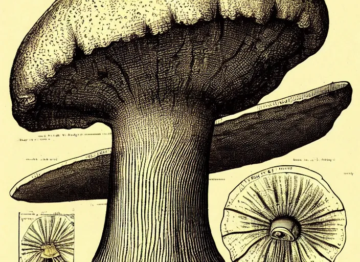 Image similar to Lenin mushroom head!!!, made by Wenceslas Hollar and Ernst Haeckel in vintage Victorian England colourised print style with saturated colours