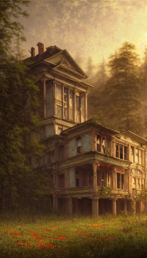 Image similar to a beautiful photorealistic painting of abandoned place building unfinished building city architecture nature urbex by albert bierstadt, lake sunset poppy jupiter tundra darkacademia, archdaily, wallpaper, highly detailed, trending on artstation.