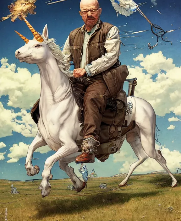 Prompt: full portrait of walter white riding a unicorn, hyper detailed, award winning, by chiara bautista and karl kopinski and kim jung giu and weta studio, and lucasfilm and jesper ejsing and norman rockwell greg rutkowski frank frazzeta