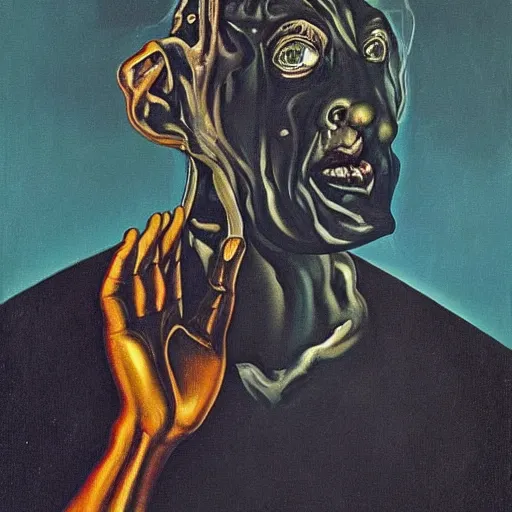 Image similar to Oil painting with black background by Christian Rex Van Minnen Robert Williams Salvador Dali of a portrait of an extremely bizarre disturbing mutated man with intense chiaroscuro lighting perfect composition