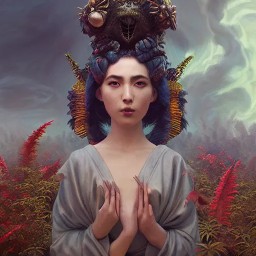 Image similar to by artgerm and agostino arrivabene, visually stunning, cinematic, ultra realistic, hyper realism, epic, octane render, unreal engine, vfx, geisha in garden, murloc tinyfin, dread infernal, wee whelp, battle ram