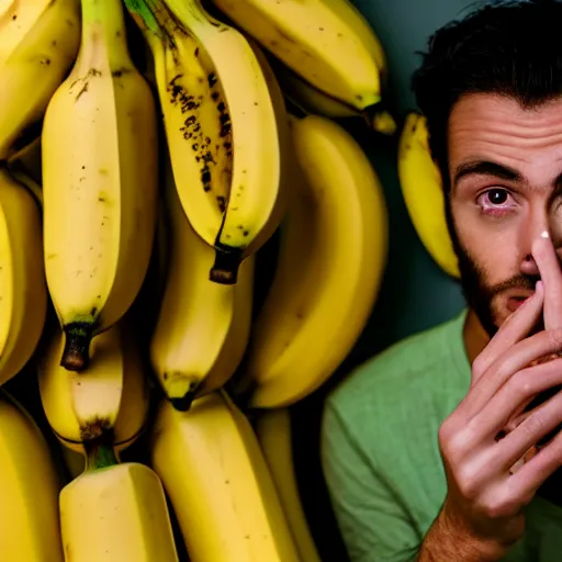 Image similar to flash photography of a high guy staring intently at a banana