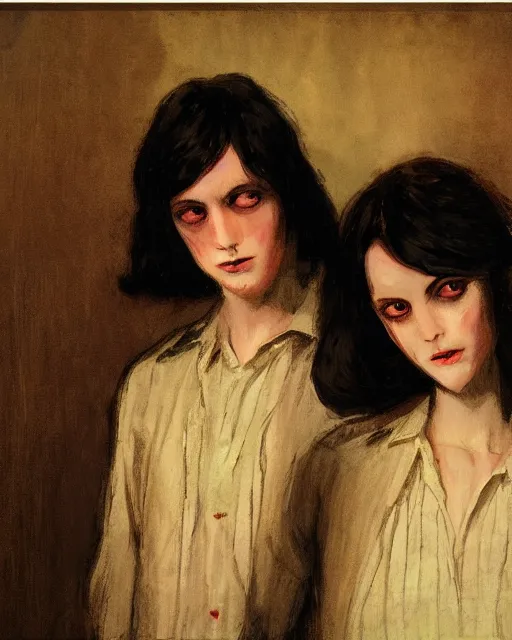 Image similar to two beautiful but creepy siblings wearing oxford shirts in layers of fear, with haunted eyes and dark hair, 1 9 7 0 s, seventies, wallpaper, a little blood, morning light showing injuries, delicate embellishments, painterly, offset printing technique, by brom, robert henri, walter popp