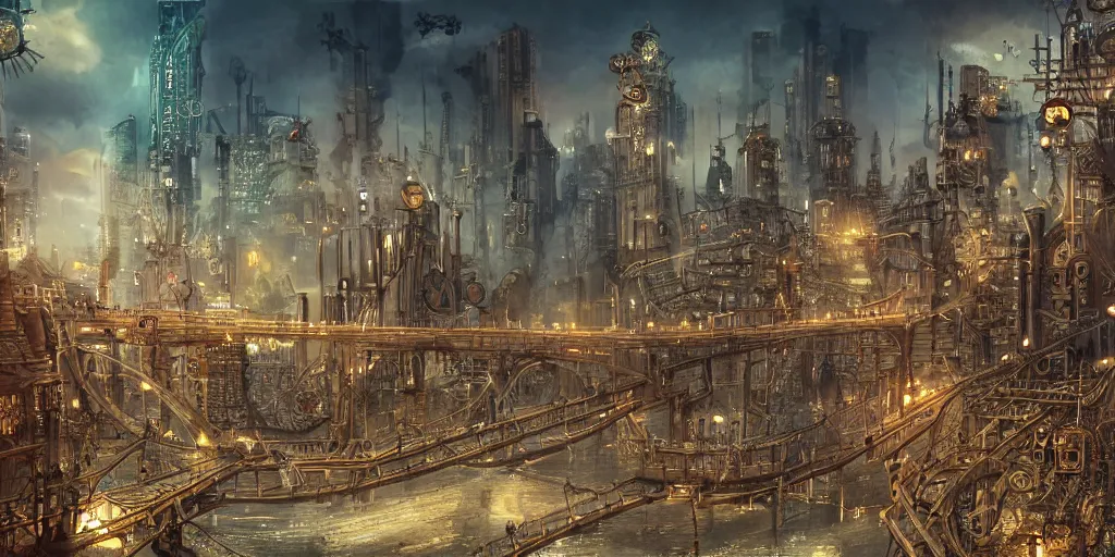Image similar to Steampunk Haven, cityscape, rope bridges, high-quality wallpaper, desktopography