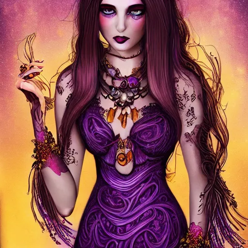 Prompt: beautiful young woman, with purple and gold fire hair, wearing a lace dress with jewels, full colors background, full of detail, majestic, organic, dark fantasy, rotten, sinister, macabre, crazy detailed and complex, super detailed, 8K, 4k,