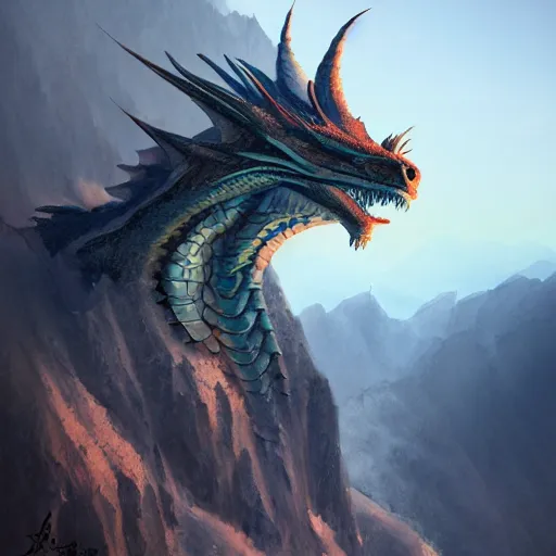 a dragon sits ona mountain peak ,slightly foggy, made | Stable ...