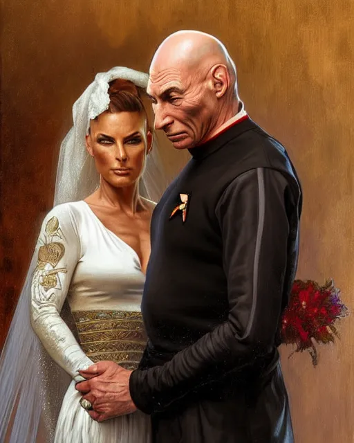 Prompt: Painting of Jean Luc Picard and Jodie Marsh getting married, real life skin, intricate, elegant, highly detailed, artstation, concept art, smooth, sharp focus, art by artgerm and greg rutkowski and alphonse mucha