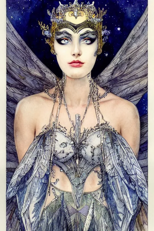 Image similar to detailed portrait of a woman with a bat wing crown, night sky moon background, art by luis royo and walter crane and kay nielsen, watercolor illustration,