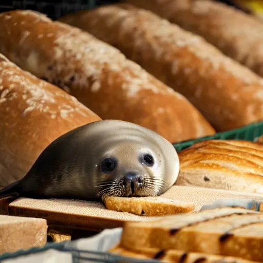 Image similar to baby seal hiding among loaves of bread at the grocery store, photo, realistic, 4k