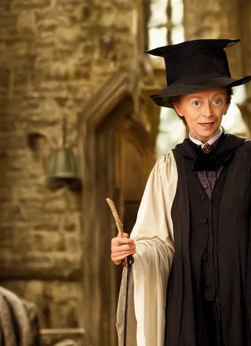 Image similar to film still of Nanny McPhee as Professor Minerva McGonagall in Harry Potter, 4k