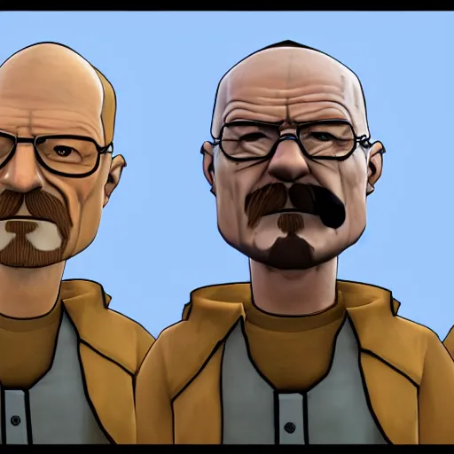 Image similar to walter white as team fortress 2 sniper, cartoonish, valve, 2 fort, sunny, red, sniper rifle, jarate, highly detailed