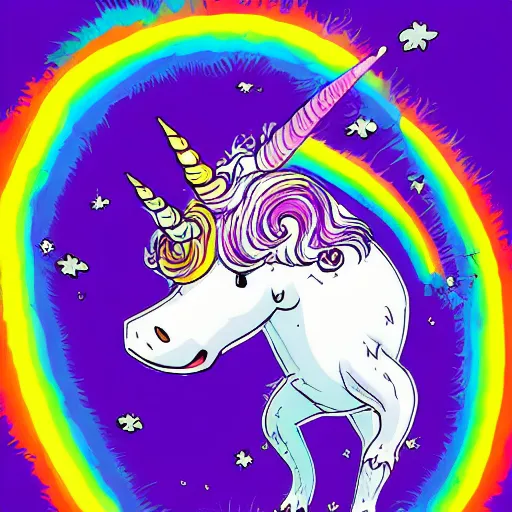 Image similar to trippy comic art of a unicorn horned pig with white wings sleeping on a rainbow in the sky with white clouds, drawn by Martin Rowson, Tim Burton, Studio Ghibli, Alex Pardee, Nekro Petros Afshar, James McDermott, colors by lisa frank, unstirred paint, vivid color, cgsociety 4K