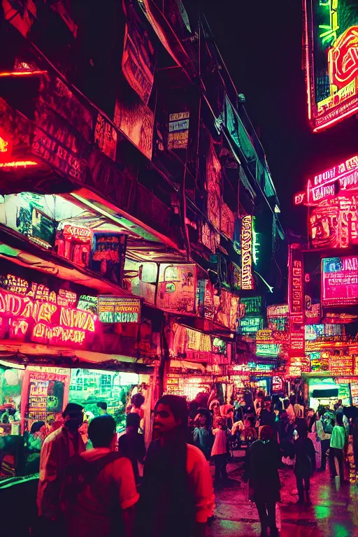 Image similar to cyberpunk black indian market, indoor, full of neon lights, crowded with cyborgs buying hi - tech drugs, photorealistic, 3 5 mm, grainy ruined film, dark color scheme, in the style of blade runner