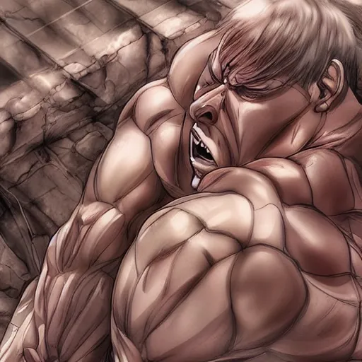 Image similar to a crawling mountain of muscles, highly detailed, anime, pale colors, award winning pictures, by studio mappa, by studio wit