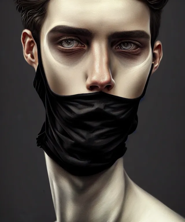 Image similar to european young man wearing medical black mask, beautiful face, highly detailed face!!!, true anatomy!, extremely detailed!, digital painting, unreal engine 5, art by tom bagshaw