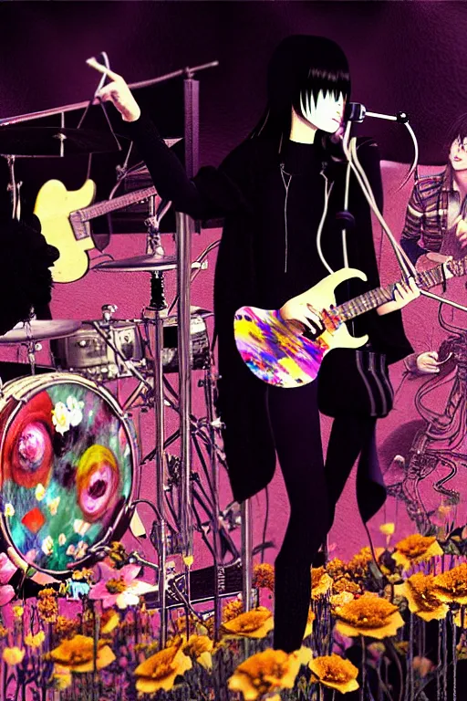 Image similar to the velvet underground and nico playing live on stage at a night club, beautiful stage decoration with flowers in the background, painting by hayao miyazaki, very detailed and colorful and toned down and ornamental and moody and cool and relaxed and high on drugs, trending on artstation, behance contest winner