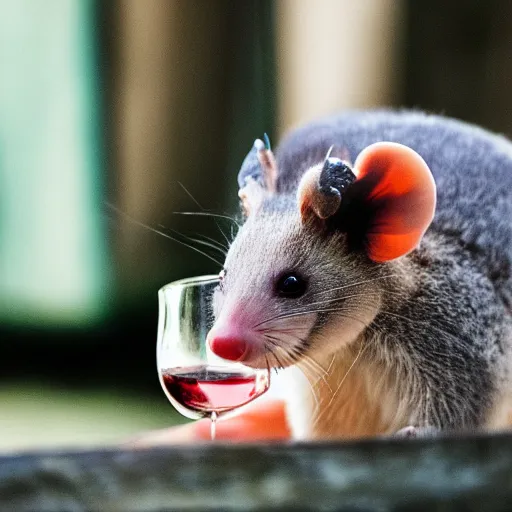 Prompt: possum with a tiny wine glass, photography