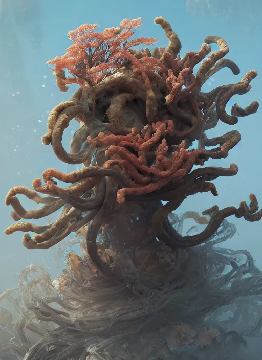 Image similar to Helmet of a forgotten Deity, corals, plume made of seaweed, white snake winding around, extremly detailed digital painting, in the style of Fenghua Zhong and Ruan Jia and jeremy lipking and Peter Mohrbacher, mystical colors, rim light, beautiful lighting, 8k, stunning scene, raytracing, octane, trending on artstation