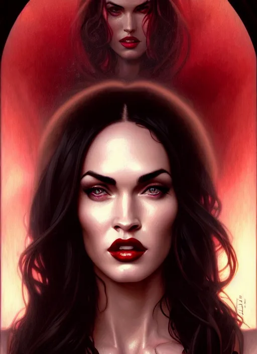 Image similar to portrait of megan fox as a vampire queen, jewelry, greek, dark ruby, intricate, headshot, highly detailed, digital painting, artstation, concept art, sharp focus, cinematic lighting, illustration, art by artgerm and greg rutkowski, alphonse mucha, cgsociety