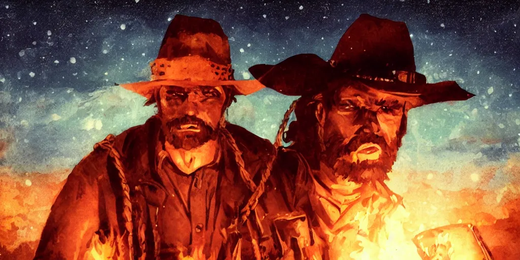 Image similar to close up portrait of rugged bandit cialien murphy ( ( alone ) ) in the old west, handcuffed by shackles at a campfire volumetric lighting, cinematic, dark, grim, digital painting, starry sky, in the style of anime