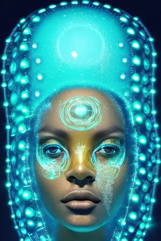Prompt: hyperrealistic cybernetic cinematic bioluminescent very expressive! oshun goddess underwater, whole body, gold jewerly, highly detailed face, digital art masterpiece, smooth eric zener cam de leon, dramatic pearlescent turquoise light on one side, low angle uhd 8 k, shallow depth of field