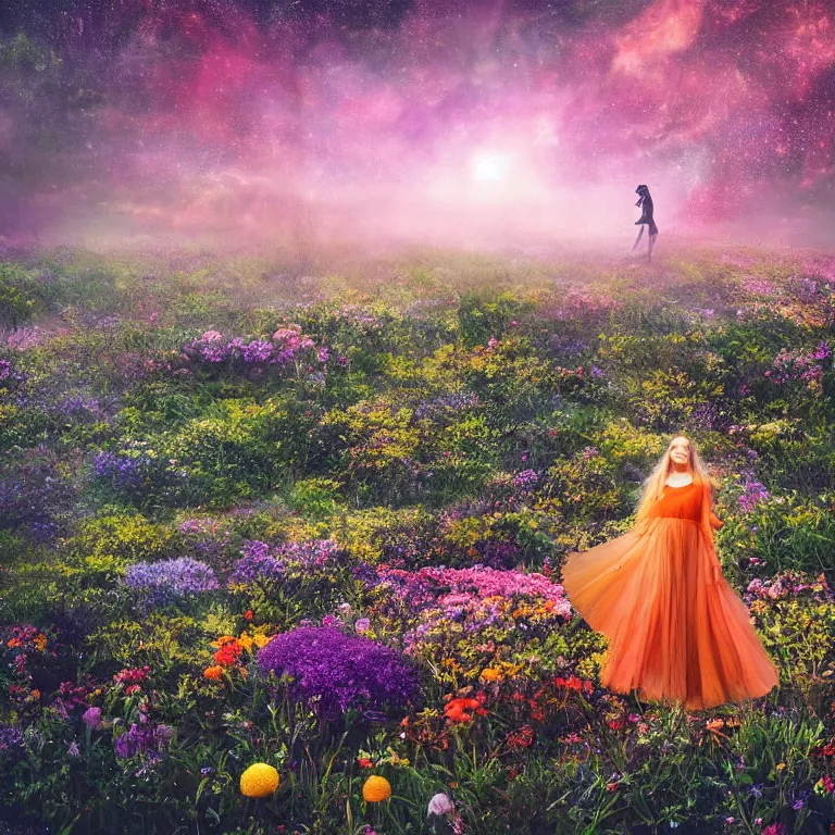 Image similar to a planet of various flowers, fungus and plants, in which the singular human figure is dressed in something magical and impressive, inside the picture is infinity, sunset light, Atmospheric phenomenon, artistic photography, muted colors, conceptual, long exposure outside the city, volumetric light