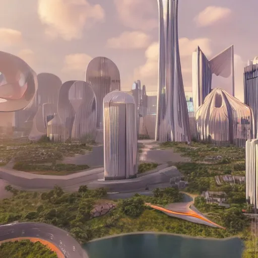 Image similar to utopian future city with amazing modern architecture, parametric design, highly detailed, photorealistic portrait, bright studio setting, studio lighting, crisp quality and light reflections, unreal engine 5 quality render