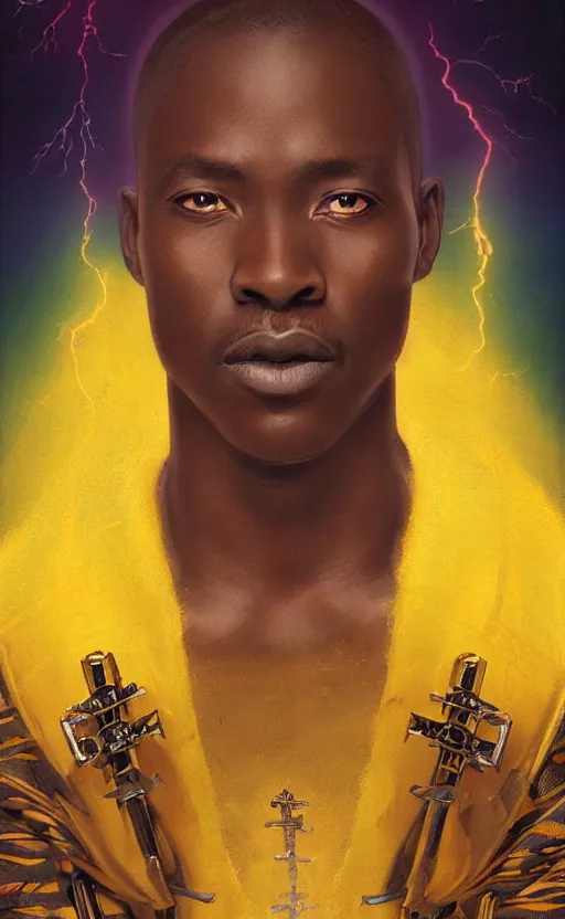 Prompt: upper half portrait of an african in yellow cape - inside the clouds - surrounded by bolts of lightning - rays of light emanating from clouds - in drew struzan movie poster style, art by drew struzan & hsiao - ron cheng, highly detailed, digital painting, ray tracing, illustration, smooth, sharp focus, intricate, symmetry, artstation,