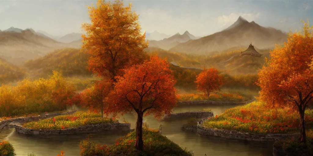 Image similar to painting of a FANTASY winery in BEIJING autumn, with a river winding through them. In the distance, there are mountains. by bob ross, Albert Bierstadt, immaculate scale, hyper-realistic, trending on Artstation, 8k, detailed, atmospheric, immaculate