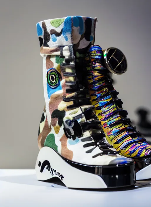 Image similar to hyperrealistic and heavy detailed product photo bape avant garde shoe of movie the fifth element, in front of white back drop, whole shoe is in picture, leica sl 2 5 0 mm, vivid color, high quality, high textured, real life