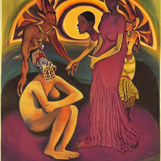 Prompt: a satanic ritual intervening by Ayahuasca Mother, very detailed, Harlem Renaissance style, award-winning