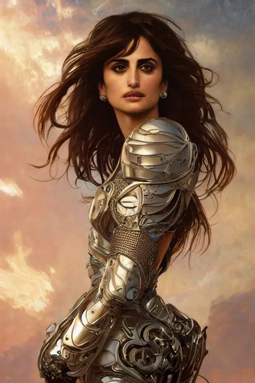 Image similar to an ultradetailed portrait of penelope cruz in detailed futuristic sci - fi armor, intricate, elegant, highly detailed, digital painting, matte, sharp focus, illustration, art by john collier and albert aublet and krenz cushart and artem demura and alphonse mucha