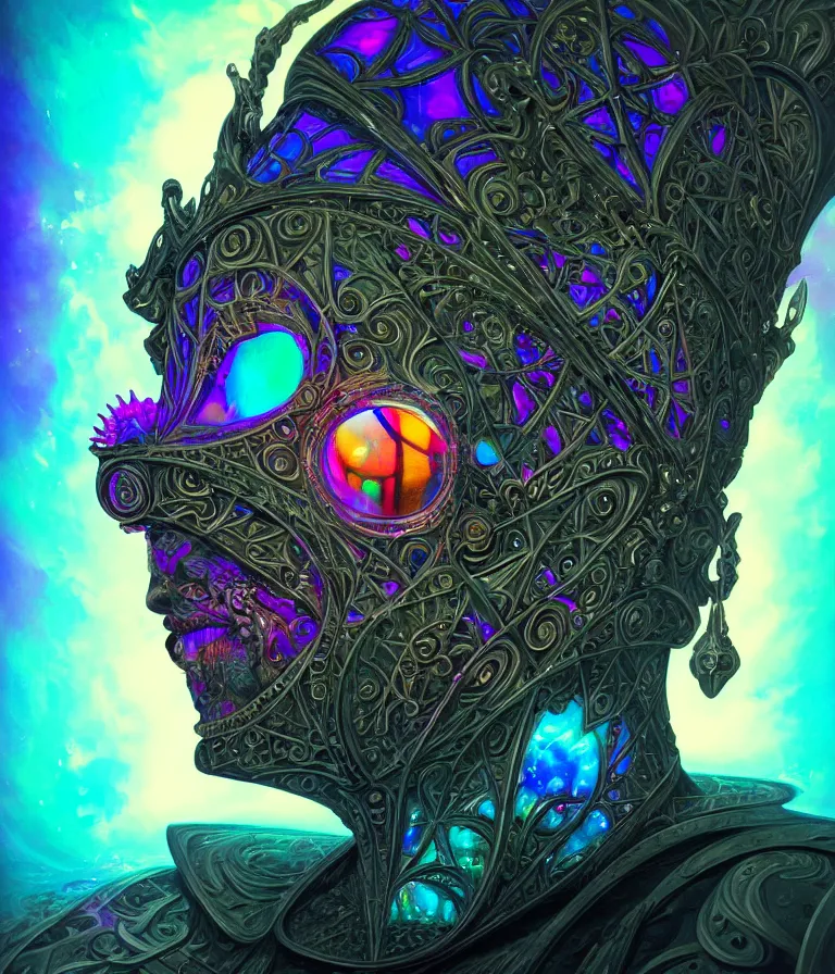 Image similar to front!!! shot of a court jester character, hyperdimensional, bioluminescent hypercubes, dark holography!!!, sunset psychedelic, chrome, (((intricate))), elegant, highly detailed, centered, (((artstation, concept art, smooth, sharp focus, artgerm, Tomasz Alen Kopera, Peter Mohrbacher, donato giancola, Joseph Christian Leyendecker, WLOP, Boris Vallejo))), mugshot!!!!!, ugly!!!!!!, octane render, nvidia raytracing demo, octane render, nvidia raytracing demo, octane render, nvidia raytracing demo, grainy, muted, 8K, digitalblasphemy, metatron