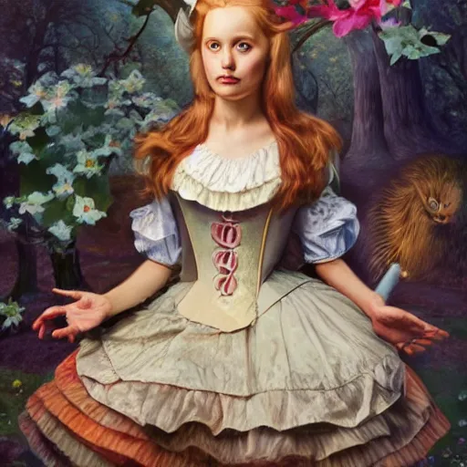 Prompt: A portrait of Alice in wonderland, oil painting, majestic, detailed, high resolution