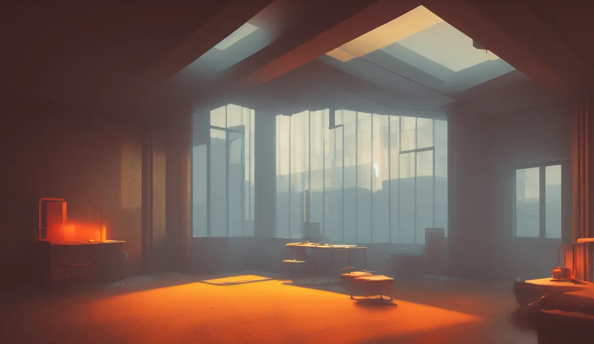 Image similar to an eco brutalist room with small windows, orange neon lights, dramatic lighting, hyper realistic, photography, 3 5 mm, kodak film, 8 k, octane render, unreal engine render, concept art, volumetric lighting, foggy