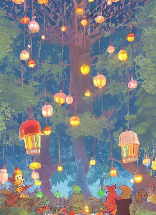 Prompt: a nighttime tea party in a treetop hollow, as seen from the canopy, colorful lanterns in the branches, dense forest, massive trees with warm windows, huge tree trunks, low light, dark blue sky, trending on artstation, highly detailed, in the style of Over the Garden Wall and A. A. Milne