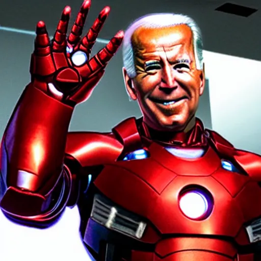 Image similar to joe biden in iron mans costume, amazing likeness. very detailed. hd. 4 k. intricate detail