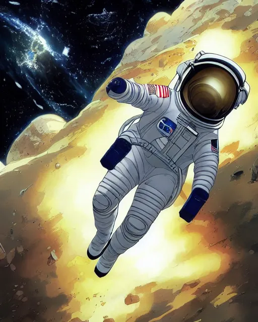 Image similar to astronaut with a damaged suit floating in space, desaturated colors, art by makoto shinkai and alan bean, yukito kishiro