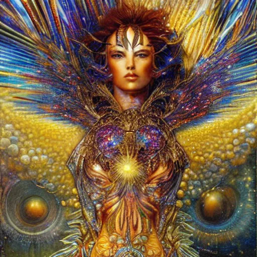 Prompt: full muscular body made of gems with golden feathers ,thunder, shining light, nebulas, god rays by Karol Bak, Ayami Kojima, Amano