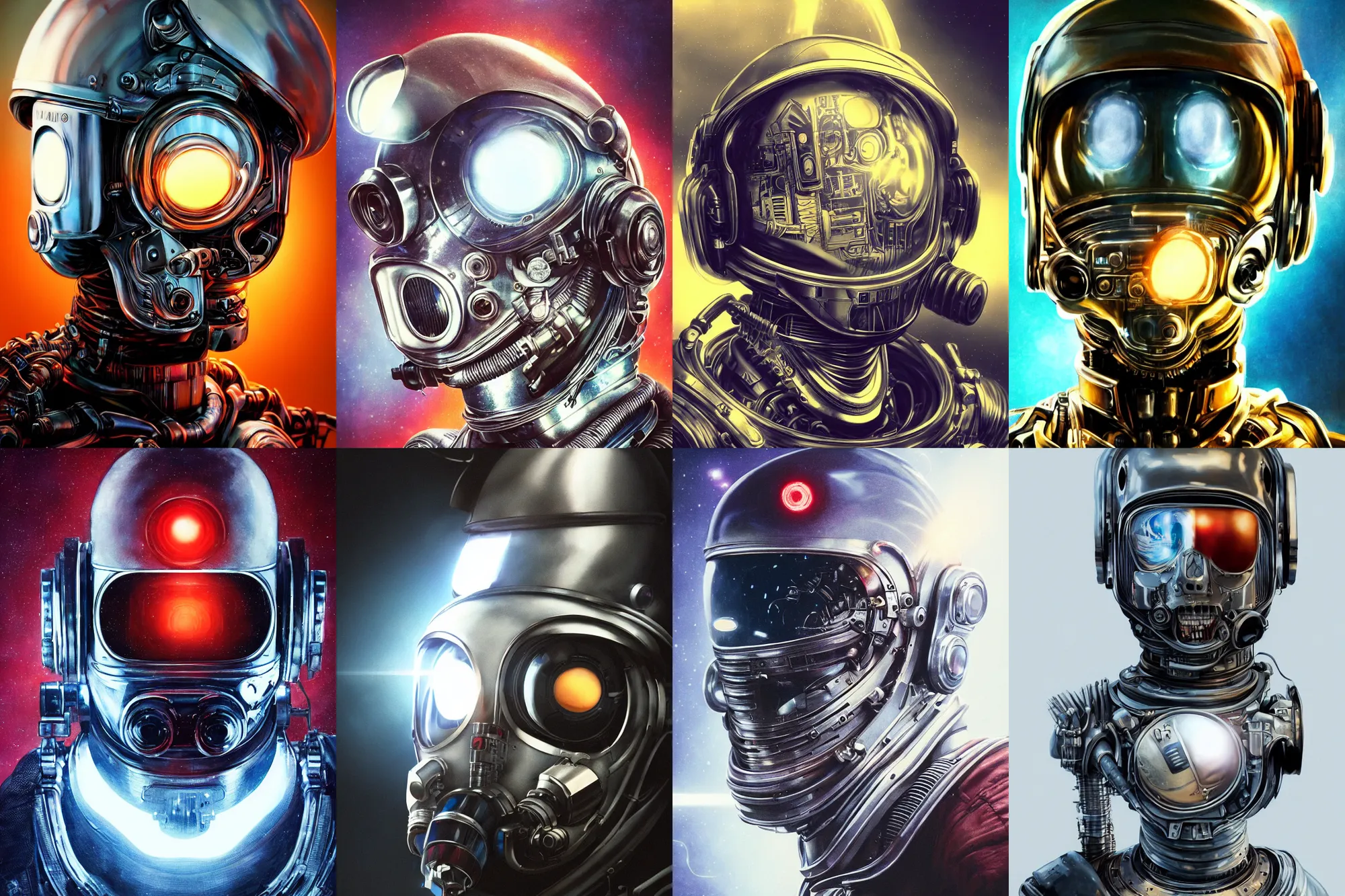 Image similar to portrait art of 8k ultra realistic retro futuristic terminator astronaut helmet, lens flare, atmosphere, glow, detailed,intricate,blade runner, cybernetic, full of colour, cinematic lighting, trending on artstation, 4k, hyperrealistic, focused, extreme details,unreal engine 5, cinematic, masterpiece, art by ayami kojima, giger