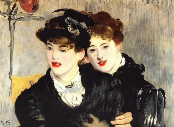 Prompt: portrait of a lesbian couple!!! high details! moody! smiling!! romantic, slight fog!!! by édouard manet