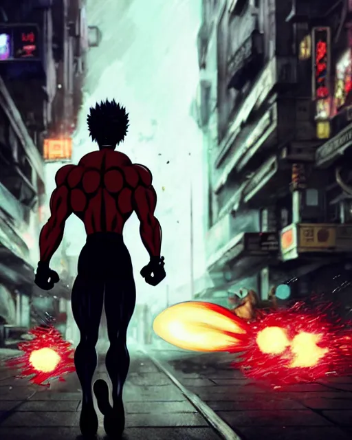 Image similar to gigachad luigi bodybuilder walking away from a atomic blast fighting like one punch man wearing a suit in the fight club city, fantasy character portrait, ultra realistic, anime key visual, full body concept art, intricate details, highly detailed by greg rutkowski, ilya kuvshinov, gaston bussiere, craig mullins, simon bisley