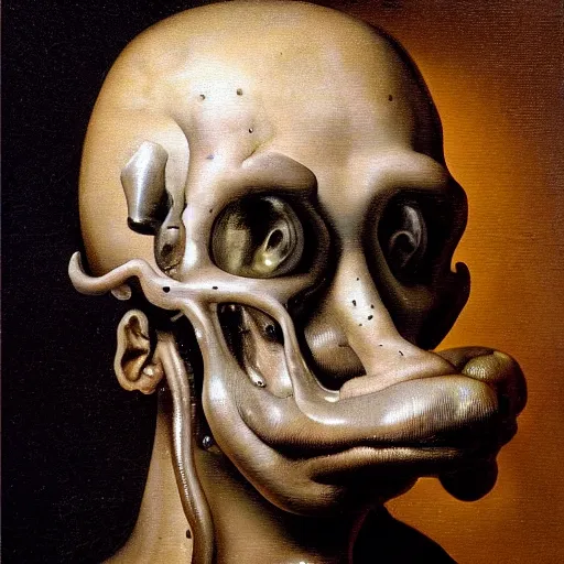 Prompt: oil painting with black background by christian rex van minnen rachel ruysch dali todd schorr of a chiaroscuro portrait of an extremely bizarre disturbing mutated man with acne intense chiaroscuro cast shadows obscuring features dramatic lighting perfect composition masterpiece
