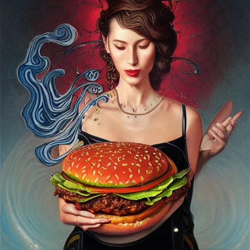 Prompt: detailed full body concept art illustration oil painting of youtuber unboxing hamburgers, extra ketchup, bacon lettuce and tomatos, oriental art nouveau, frock, mid body, radiant halo of light, black gold smoke ink, woman covered in sliced tomatos and onions, peter mohrbacher, artgerm