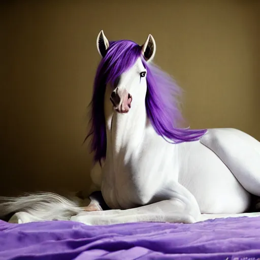 Prompt: boudoir photography of a white mare, purple mane and tail, oversized hindquarters, lying on a white blanket, photography by Annie Leibovitz